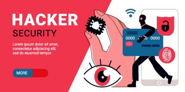 De vlakke horizontale banner van de hackerveiligheid met misdadiger die zwart masker draagt en creditcardillustratie draagt