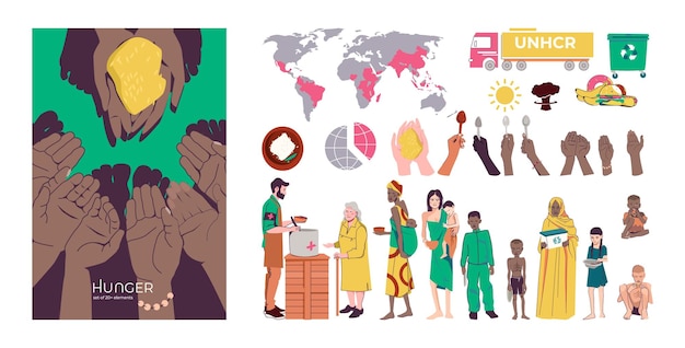 De vlakke samenstelling van de hongervoedselcrisis met reeks geïsoleerde menselijke karakters van liefdadigheidspictogrammen en hand in hand vectorillustratie