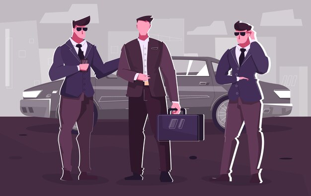 De vlakke samenstelling van de veiligheidsdienst met zakenman die uit limousine komt, omringd door twee lijfwachten