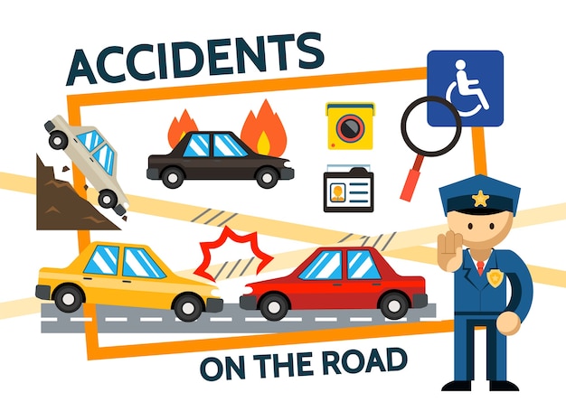 De vlakke samenstelling van verkeersongevallen met auto-ongeluk vallen en brandende auto's videocamera rijbewijs politieagent geïsoleerde illustratie