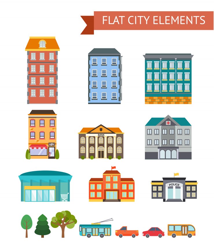 Gratis Vector de vlakke stadselementen met woon en administratieve gebouwen winkelen en koffie vervoeren bomen geïsoleerde vectorillustratie