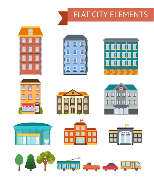 De vlakke stadselementen met woon en administratieve gebouwen winkelen en koffie vervoeren bomen geïsoleerde vectorillustratie