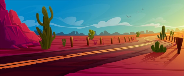 Gratis vector de woestijnlandschap van arizona met asfaltweg, rotsen en cactussen. wild west snelweg in amerikaanse canyon, heet zand verlaten land met oranje bergen. zomer westerse achtergrond, cartoon vectorillustratie