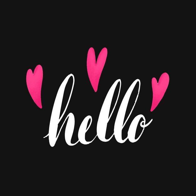 De woord hello typografie die met hartenvector wordt verfraaid