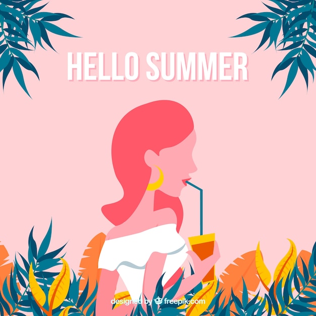 De zomerachtergrond met meisje die een cocktail drinken
