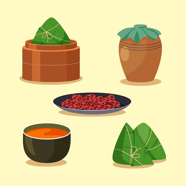 Gratis vector de zongzi-collectie van flat dragon boat