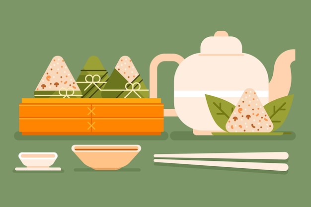 Gratis vector de zongzi-collectie van flat dragon boat