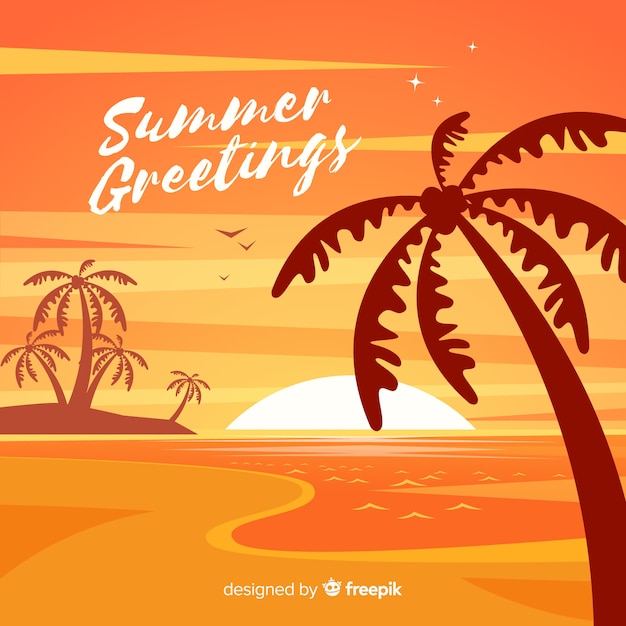 Gratis vector de zonsondergangzonsopgang van het strand met palmsilhouet