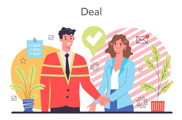 Deal concept Officieel contract en zakelijke handdruk Idee van partnerschap samenwerking en corporate business development Geïsoleerde vector cartoon afbeelding