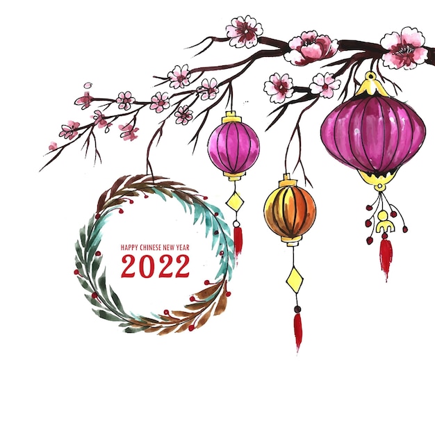 Gratis vector decoratief chinees nieuwjaar 2022 voor de achtergrond van de lantaarnwenskaart