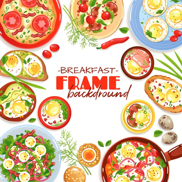 Decoratief kader met kleurrijke eiergerechten voor ontbijt hoogste mening over witte vlakke illustratie