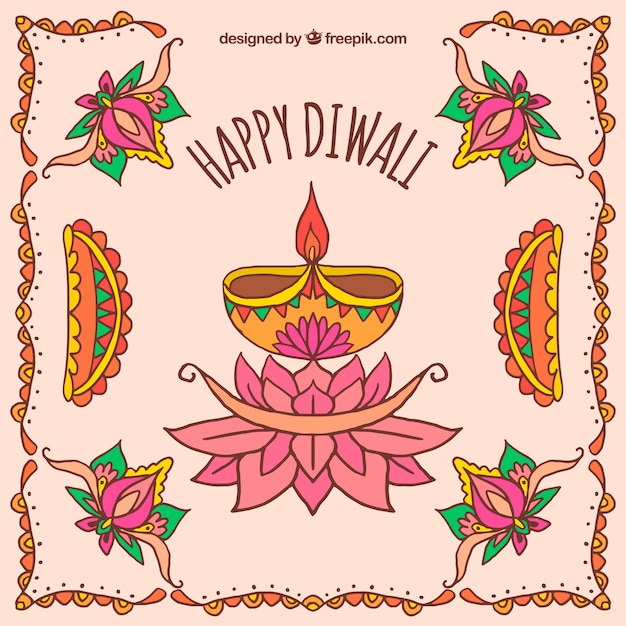 Gratis vector decoratieve achtergrond met diwali kaarsen en met de hand getekende bloemen