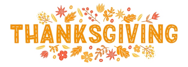 Decoratieve belettering voor thanksgiving day met herfstontwerpelementen vectorillustraties banner