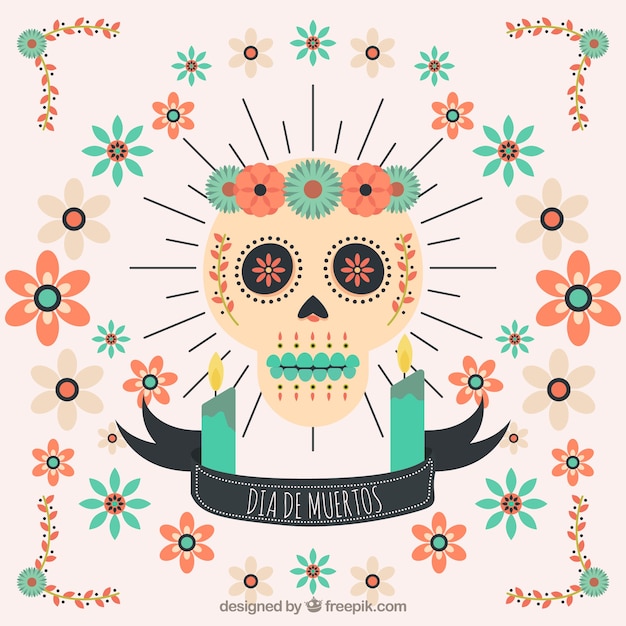 Decoratieve bloemenachtergrond met Mexicaanse schedel in plat ontwerp