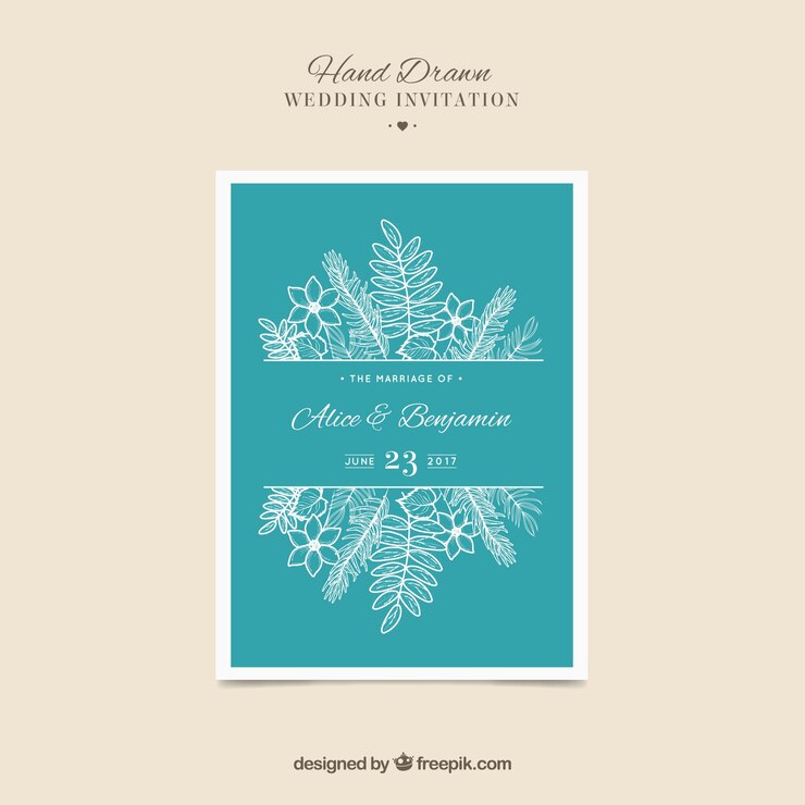 Gratis Vector decoratieve bruiloftuitnodiging met handgetekende bloemen