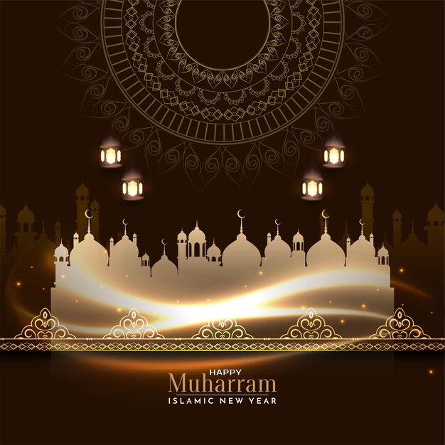 Decoratieve Happy Muharram en islamitische nieuwjaar glanzende achtergrond vector