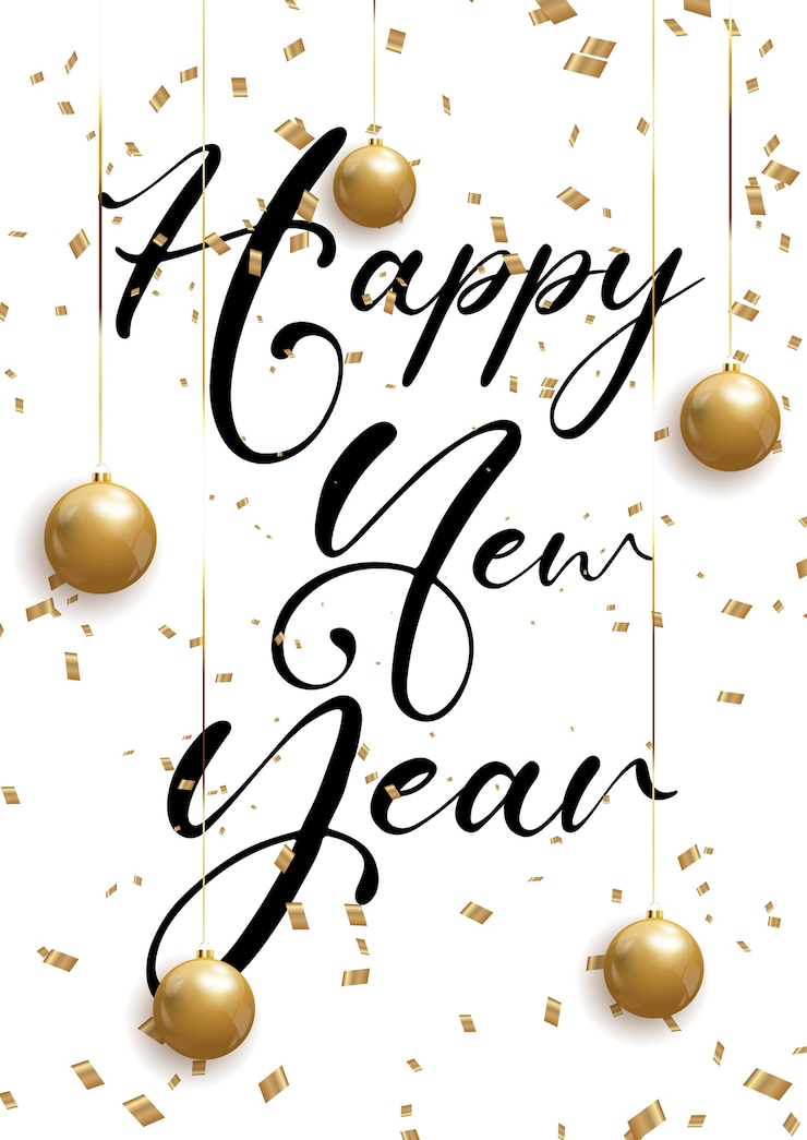 Gratis Vector decoratieve happy new year achtergrond met confetti en hangende kerstballen