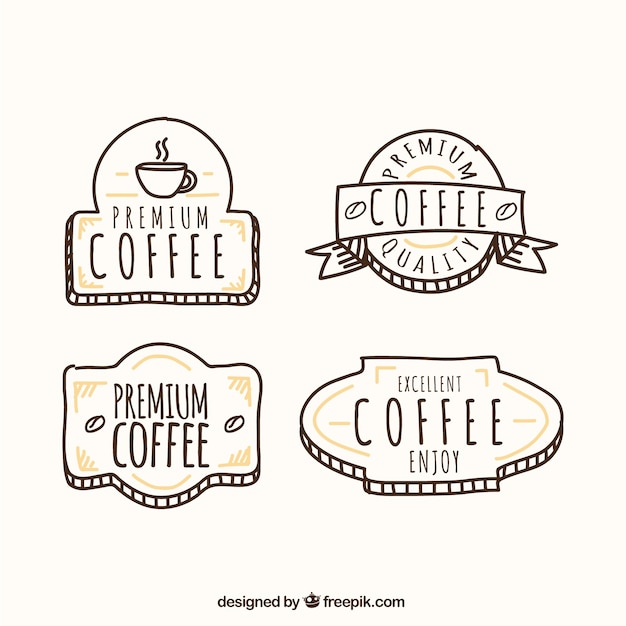 Gratis vector decoratieve koffie badges in de hand getekende stijl