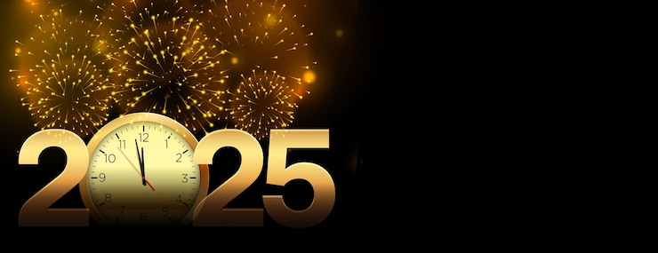 Gratis Vector decoratieve nieuwjaarsbanner met klok en vuurwerk