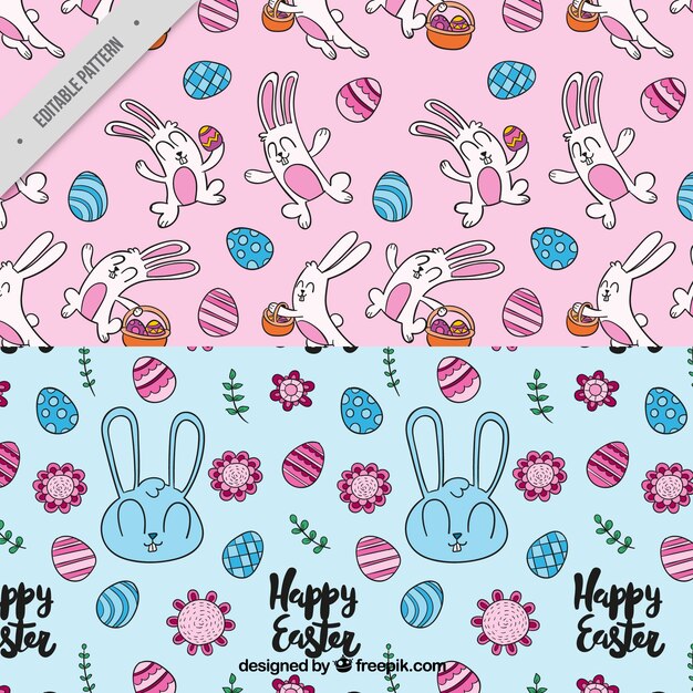 Decoratieve patronen met schattige konijnen en eieren voor Pasen dag