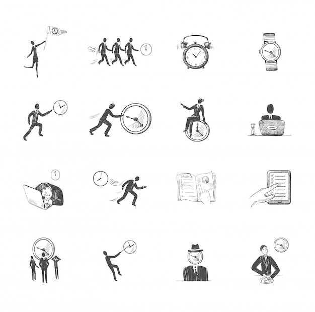 Decoratieve set van schets tijd management iconen met werkende mensen met klokken geïsoleerde vector illustratie