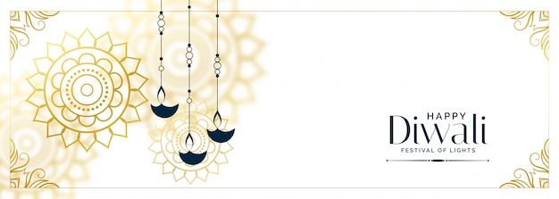 Decoratieve witte gelukkige diwali diya banner