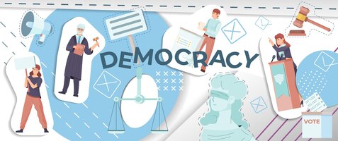 Democratie platte collage met gesneden papieren menselijke karakters die campagne voeren voor politieke vrijheid eerlijk proces recht om te stemmen vectorillustratie