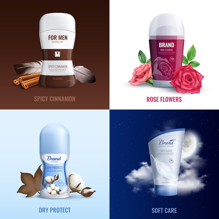 Gratis Vector deodorant flessen 2x2 concept parfum met aroma van kruidige kaneel en roze bloemen realistisch