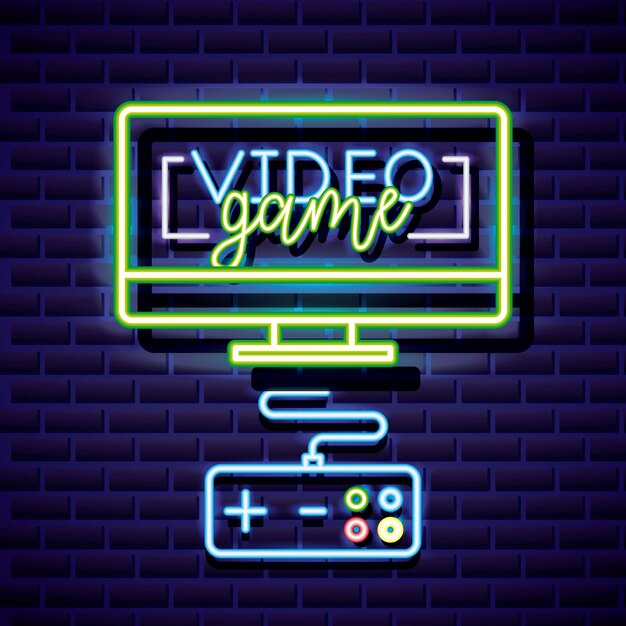 Desktop en bediening, videogame neon lineaire stijl