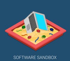 Gratis vector desktop kwaadaardige software applicatie-ontwikkeling sandbox debuggen plat isometrisch