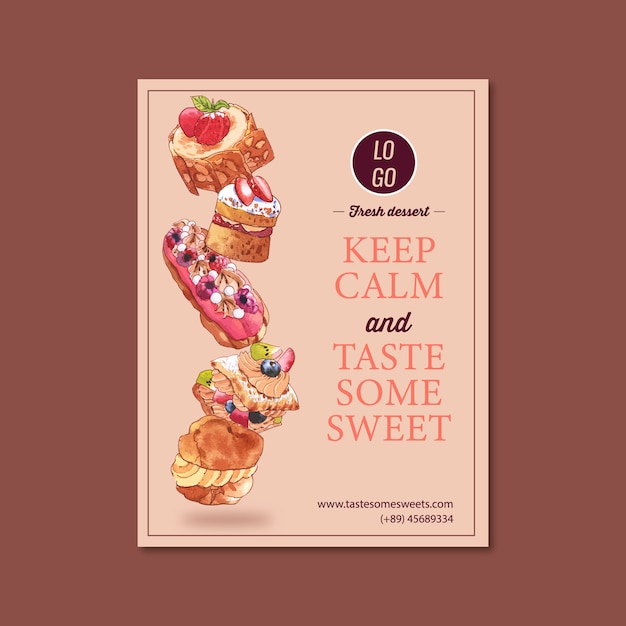 Dessert posterontwerp met choux room, meringue, aardbei shortcake aquarel illustratie.