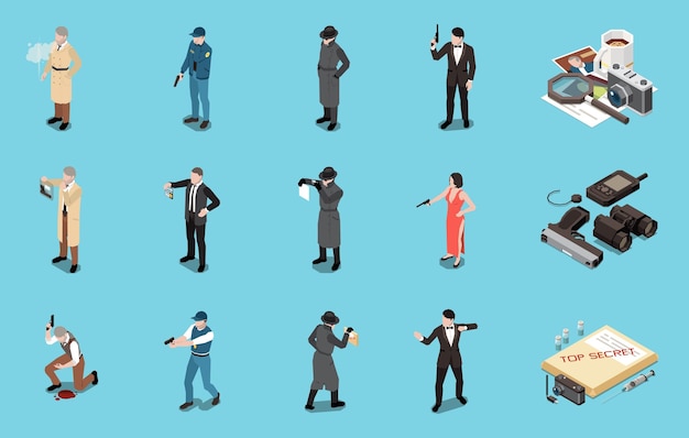 Gratis vector detective spion speciaal agent isometrische set met mannelijke en vrouwelijke menselijke karakters wapens en uitrusting voor toezicht geïsoleerd op blauwe achtergrond 3d-vector illustratie