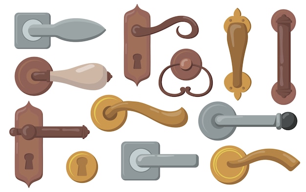 Deurklinken set. traditionele knoppen met sleutelgaten, moderne metalen deurknoppen. vectorillustratie voor interieur, meubels, accessoires, toegangsconcept