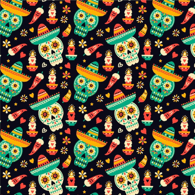 Gratis vector dia de muertos handgetekende schedelpatroon