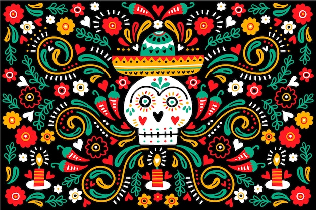 Dia de muertos vooraanzicht schedel met sombrero achtergrond