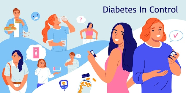 Diabetessamenstelling met bewerkbare tekst en menselijke karakters van patiënten met tekstballonnen en pictogrammen binnen vectorillustratie