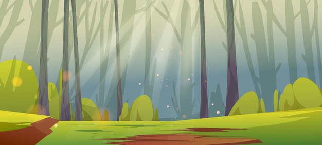 Diep bos met zonnige glade groen gras en boomstammen silhouetten Vector cartoon illustratie van zomer bos landschap met zonneschijn balken Jungle panorama met groen gazon