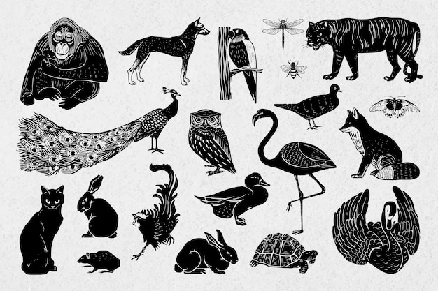 Gratis vector dieren zwarte linosnede stencil patroon tekening collectie