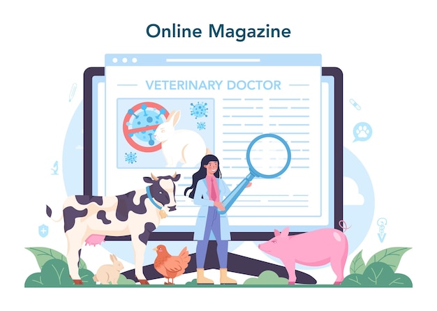 Dierenarts online service of platform Veterinaire arts die dieren behandelt Medische vaccinatie microchips Online tijdschrift Platte vectorillustratie