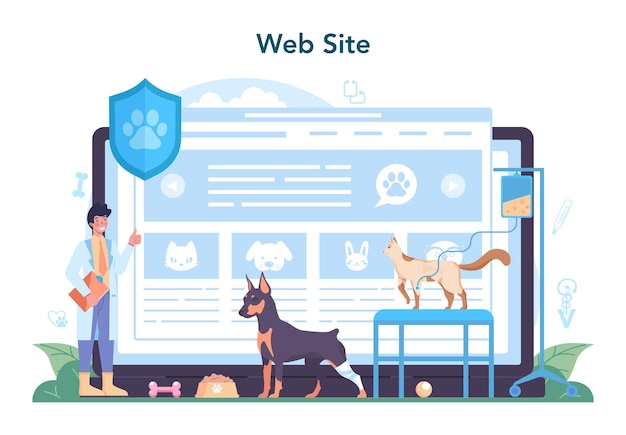 Dierenarts online service of platform veterinaire arts die dieren behandelt medische vaccinatie microchips online website platte vectorillustratie