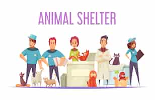 Gratis vector dierenasiel concept met vrijwilligers dierenartsen binnenlandse en dakloze huisdieren plat
