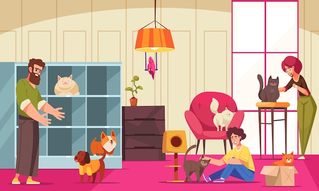 Gratis vector dierenhotel cartoon poster met katten en honden binnenshuis vectorillustratie