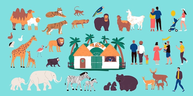 Dierentuin kleur set met dieren en vogels platte geïsoleerde vectorillustratie