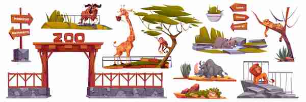 Gratis vector dierentuin landschapselementen cartoon vector set geïsoleerd