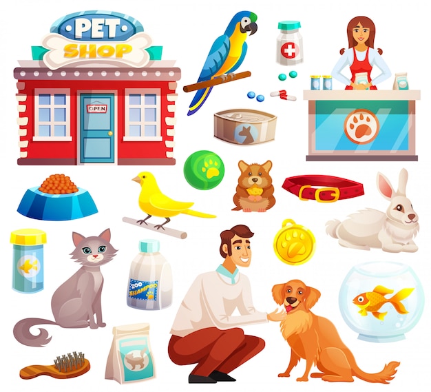 Gratis vector dierenwinkel decoratieve pictogrammen instellen