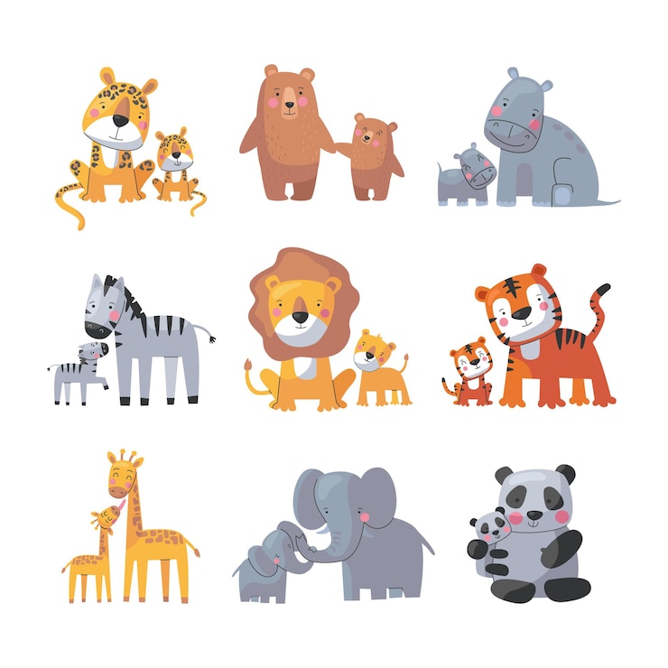 Gratis Vector dierlijke moeder en baby, schattige tekenfilmfamilieset