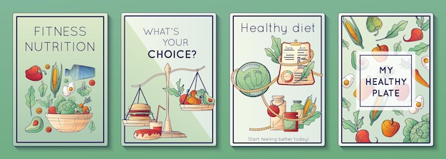 Diëtologie voedingsdeskundige diëtistenposters die met vier geïsoleerde verticale samenstellingen van tekstschalen en plantaardige pictogrammen vectorillustratie worden geplaatst