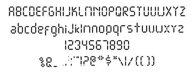 Digitaal lettertype. sjabloon van zwarte digitale wekker letters en cijfers. Digitale tekst.