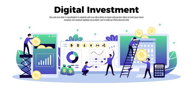 Digitale investering horizontale compositie met s van computerschermsymbolen met mensen en tekstillustratie