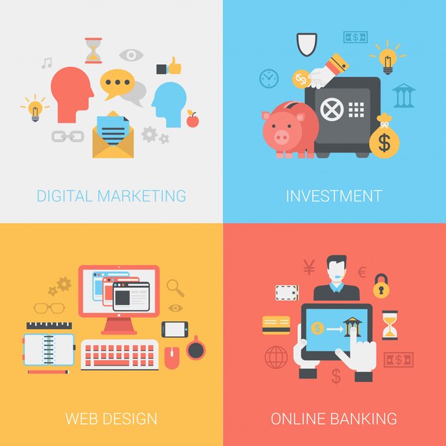 Digitale marketing, investeringen, webdesign, online bankieren icon set.